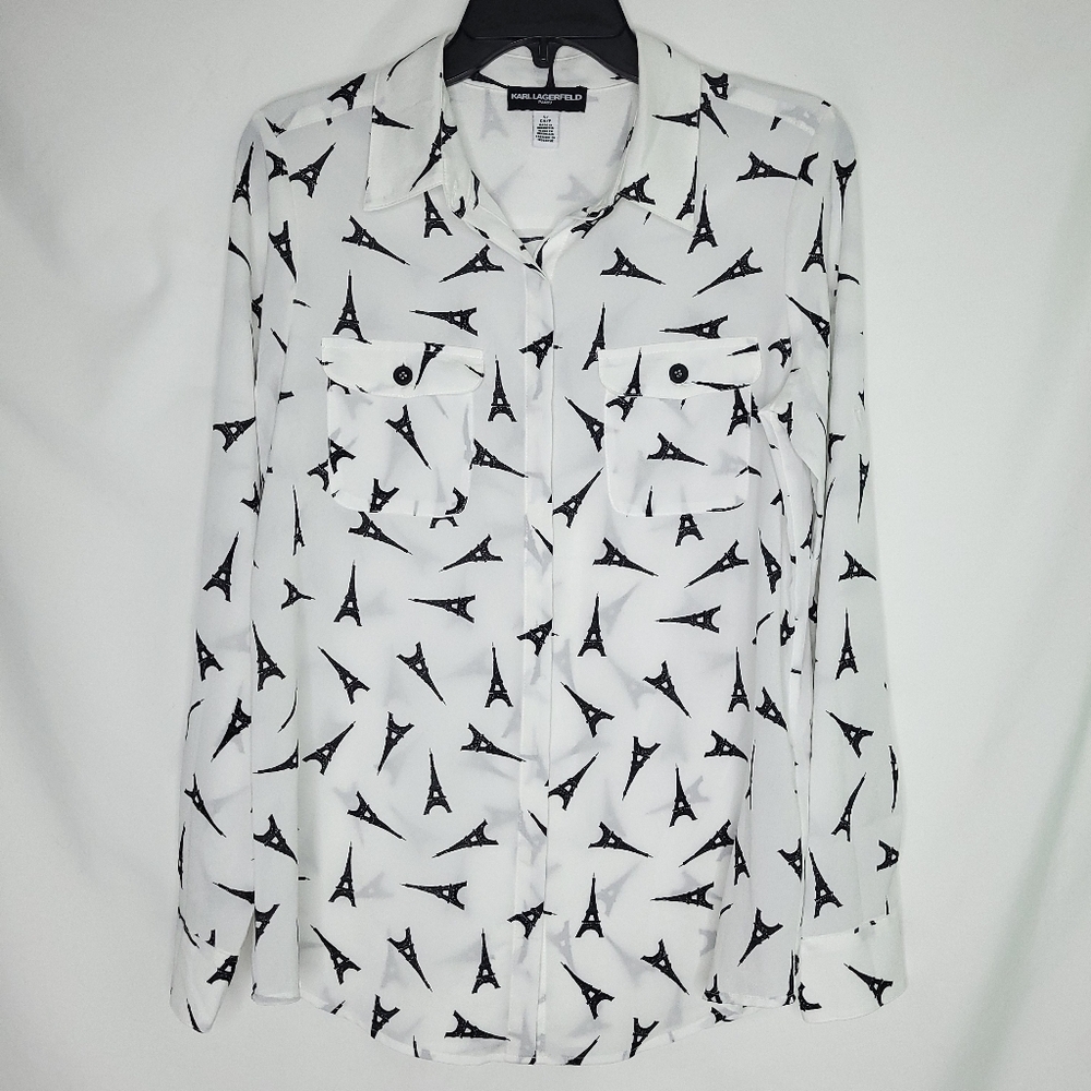 KARL LAGERFELD Women's Eiffel Tower Print Button Down Shirt SMALL